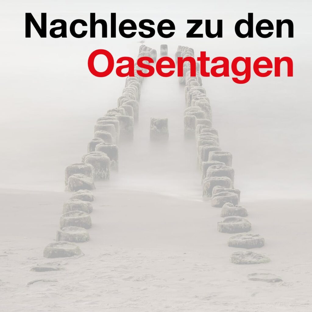 Bild zeigt einen Wellenbrecher am Strand (Holzpfähle, die in Zweierreihe ins Wasser hinausreichen.) Text: Nachlese zu den Oasentagen.