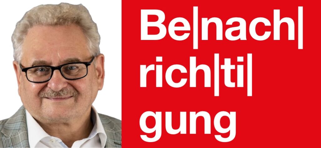 Bild zeigt links ein Portraitfoto von Rudolf Hubert. Rechts auf rotem Hintergrund steht in weißer Schrift: Benachrichtigung (Die Silben sind durch senkrechte Striche voneinander getrennt.).