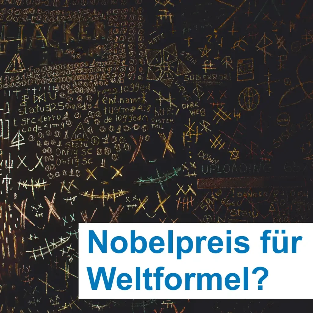 Das Bild zeigt auf einer sehr dunklen Tafel etliche mathematische Formeln und Berechnung sowie bestimmte Zeichen. Zum Beispiel: Christliches Kreuz, Davidstern, eine gezeichnete Weltkugel.