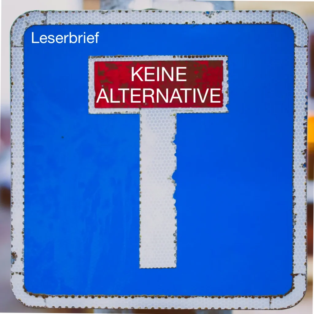 Das Bild zeigt ein leicht verwittertes Sackgassen-Verkehrszeichen. Text: "keine Alternative".