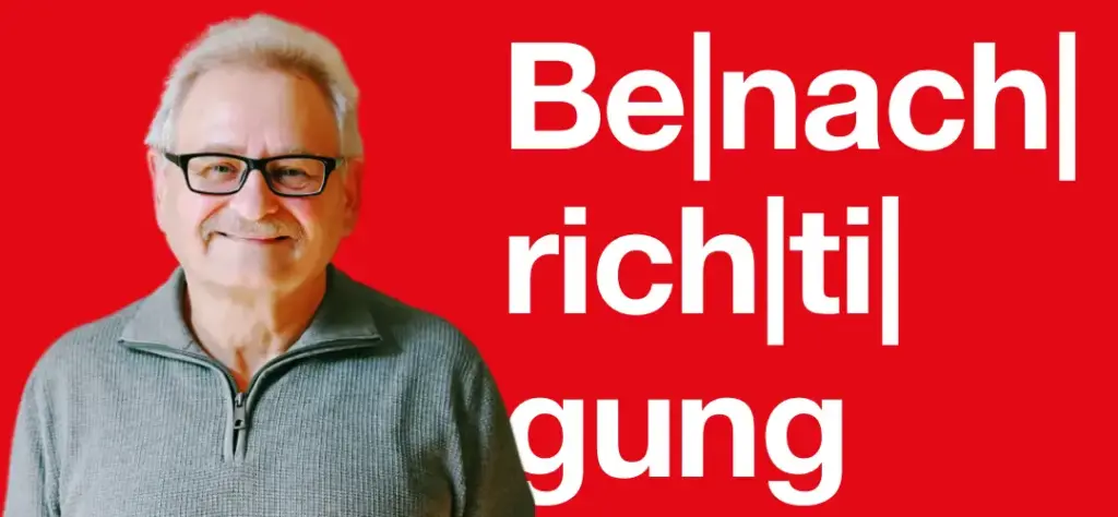 Bild zeigt links ein Portraitfoto von Rudolf Hubert. Rechts auf rotem Hintergrund steht in weißer Schrift: Benachrichtigung (Die Silben sind durch senkrechte Striche voneinander getrennt.).