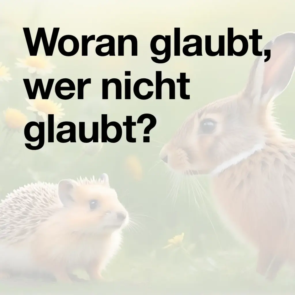 Das Bild zeigt einen Hasen und einen Igel auf einer Wiese. Text: "Woran glaubt, wer nicht glaubt?".