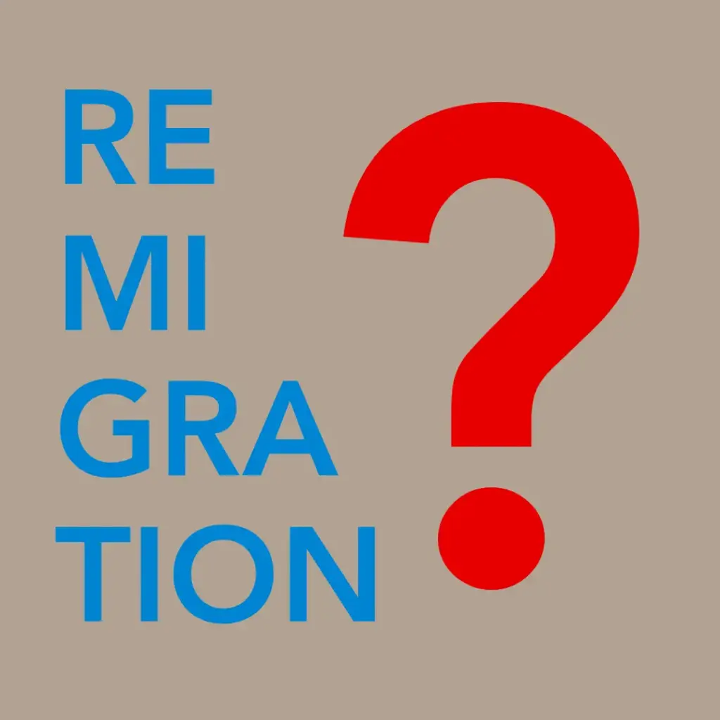 Das Bild zeigt auf braunem Hintergrund das Wort "Remigration" und ein übergroßes Fragezeichen.
